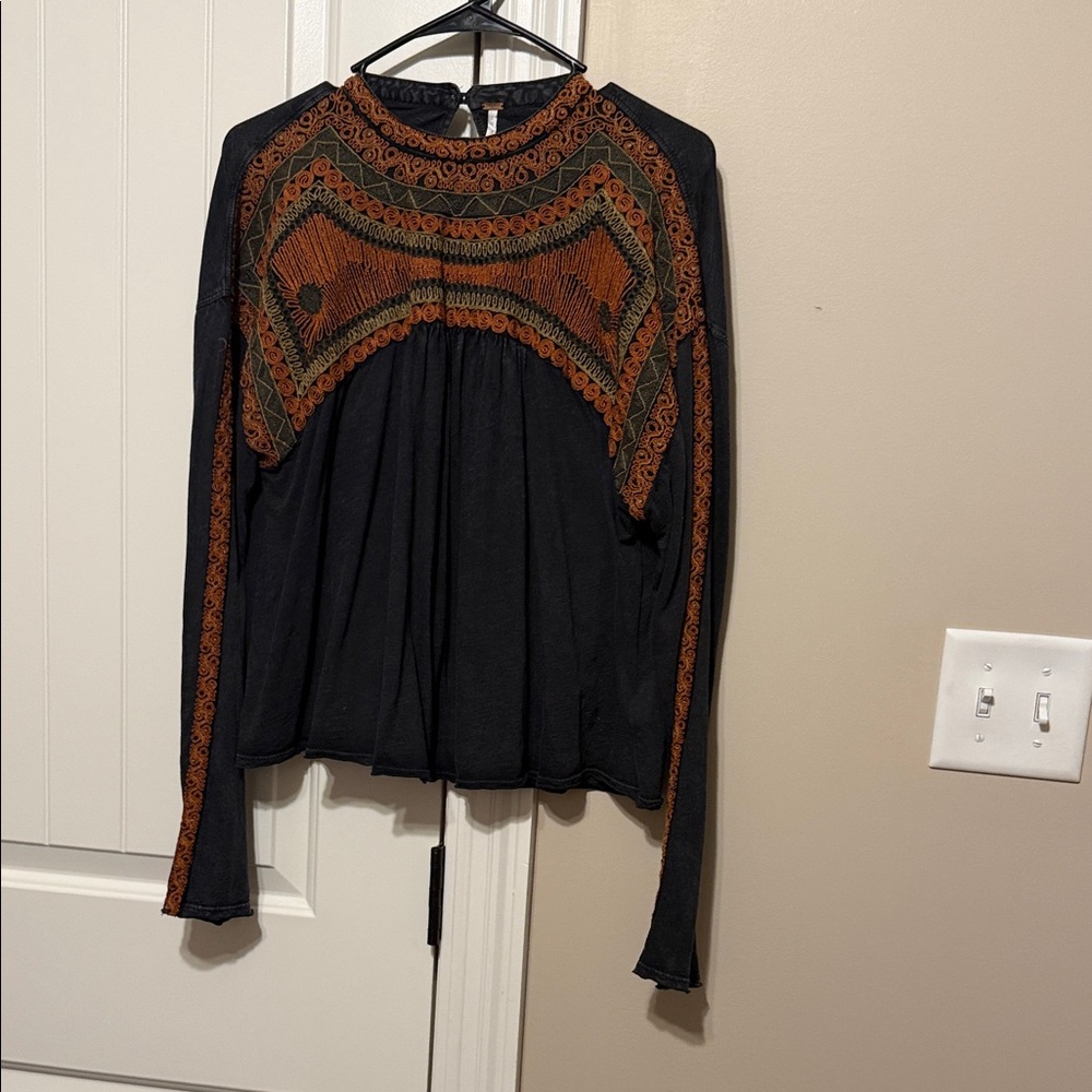 Free People Black and Orange Boho Blouse